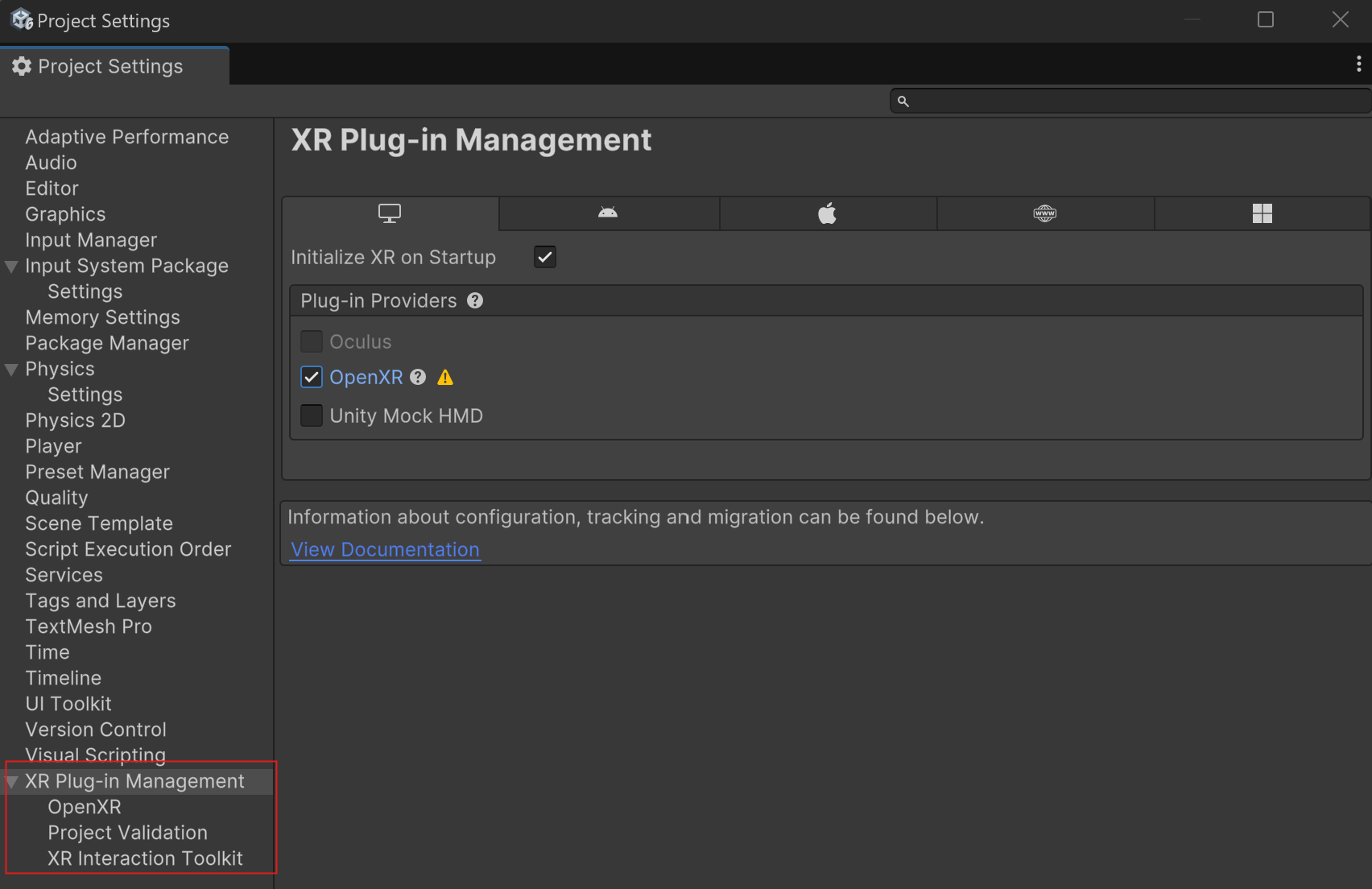 XR Plug-in Management, Desktop tab