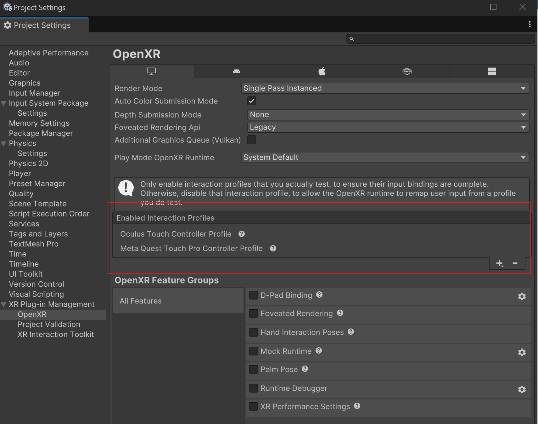 OpenXR settings, Desktop tab, Interaction Profiles