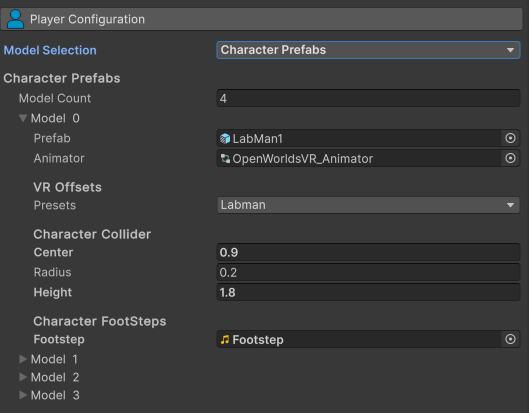 Player collider and footstep settings